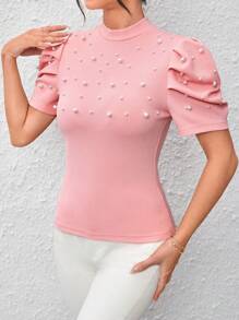 SHEIN Privé Ngọc trai đính cườm Ống tay áo Cổ giả Áo thun - Màu Hồng baby - Xem 6