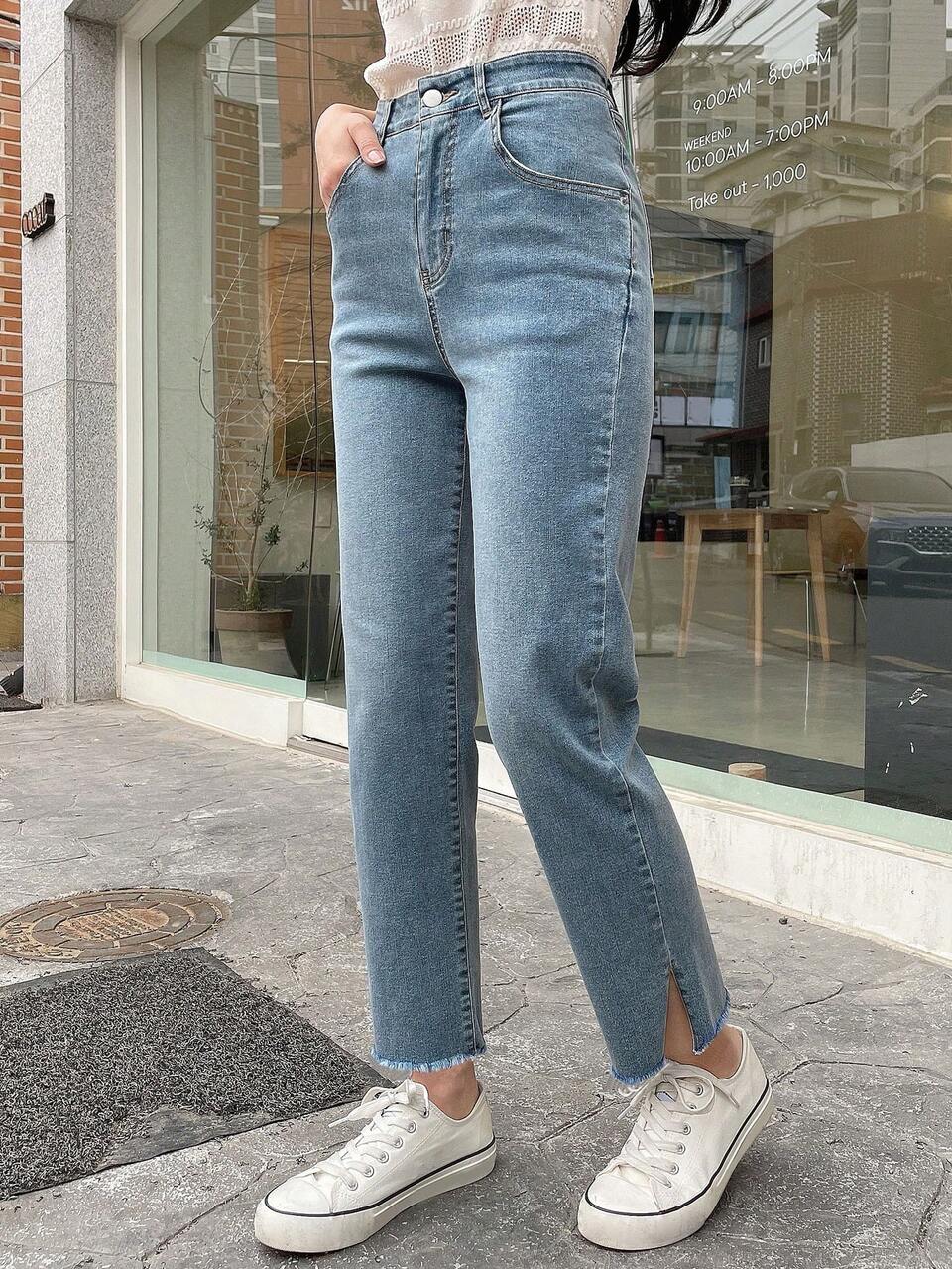 High Waist Split Raw Hem Straight Leg Jeans