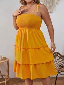 SHEIN VCAY Plus Tie Shoulder Ruffle Hem Cami Dress - Yellow - View 3