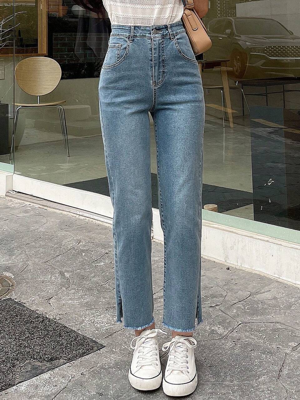 High Waist Split Raw Hem Straight Leg Jeans
