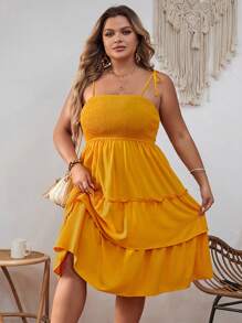 SHEIN VCAY Plus Tie Shoulder Ruffle Hem Cami Dress - Yellow - View 5