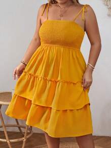 SHEIN VCAY Plus Tie Shoulder Ruffle Hem Cami Dress - Yellow - View 2