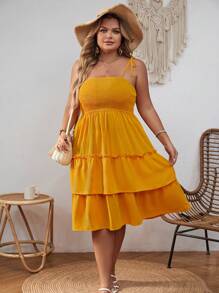 SHEIN VCAY Plus Tie Shoulder Ruffle Hem Cami Dress - Yellow - View 1
