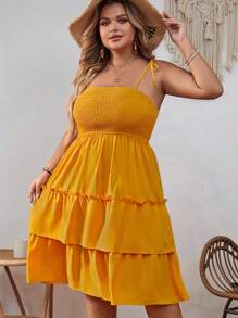 SHEIN VCAY Plus Tie Shoulder Ruffle Hem Cami Dress - Yellow - View 6