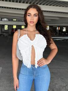 SHEIN SXY 前開叉露背掛脖上衣 - 白色 - 查看 5