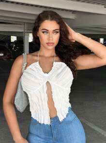 SHEIN SXY 前開叉露背掛脖上衣 - 白色 - 查看 1