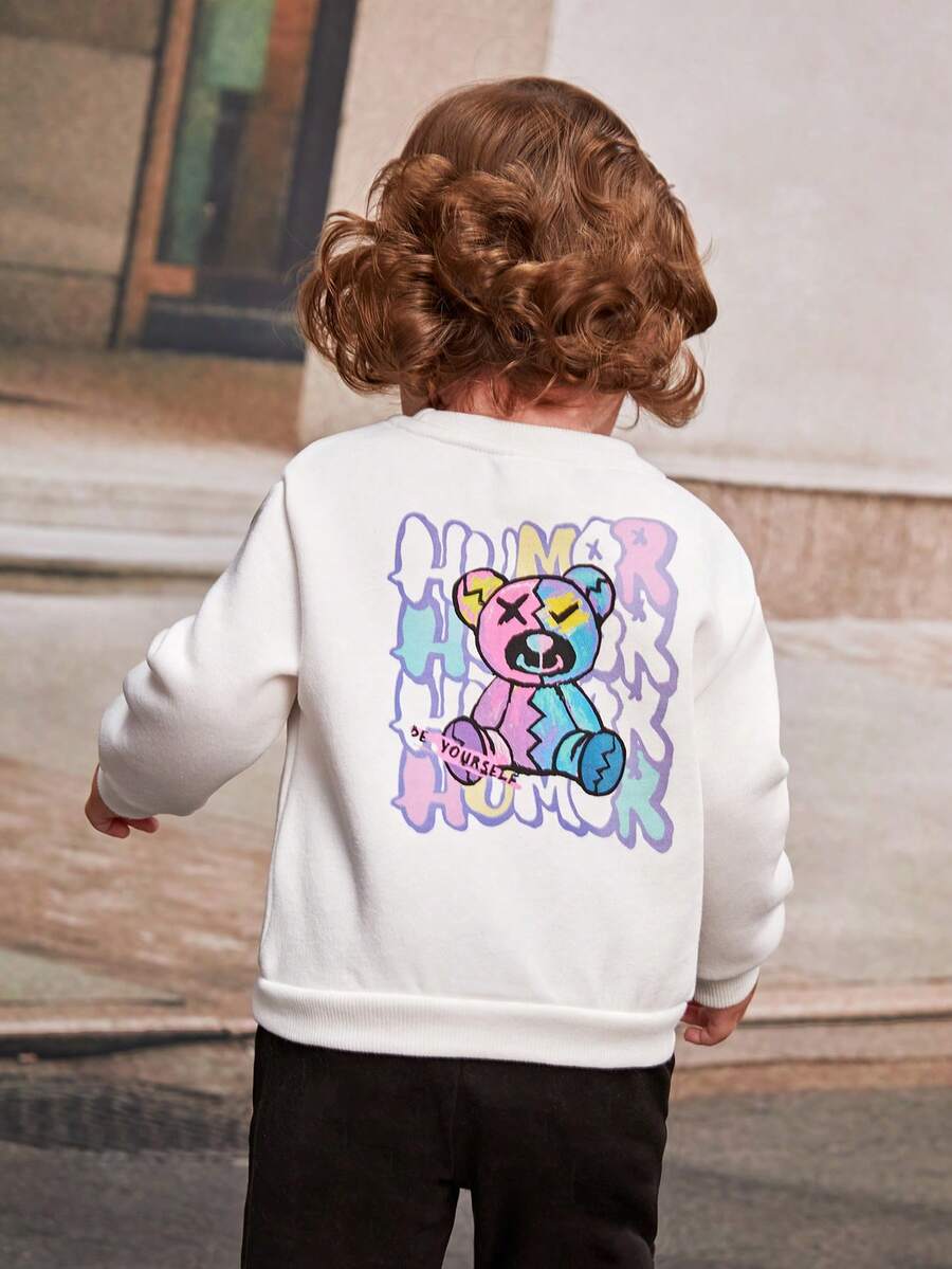 SHEIN 女嬰熊和字母圖案運動衫 - 白色 - 查看 1