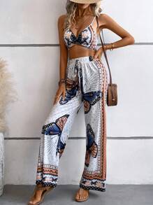 SHEIN LUNE 蝴蝶圖案吊帶上衣和闊腿褲 - 白色 - 查看 1