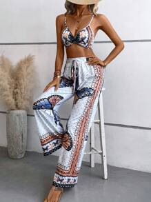 SHEIN LUNE 蝴蝶圖案吊帶上衣和闊腿褲 - 白色 - 查看 3