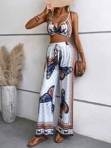 SHEIN LUNE 蝴蝶圖案吊帶上衣和闊腿褲 - 白色 - 查看 4