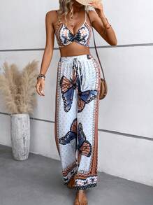 SHEIN LUNE 蝴蝶圖案吊帶上衣和闊腿褲 - 白色 - 查看 5