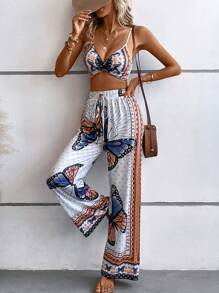 SHEIN LUNE 蝴蝶圖案吊帶上衣和闊腿褲 - 白色 - 查看 6