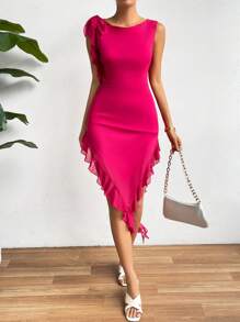 SHEIN Privé Solid Ruffle Trim Asymmetrical Hem Dress - Hot Pink - View 3