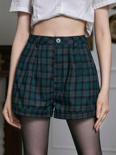 Academia Shorts con estampado de cuadros con fruncido