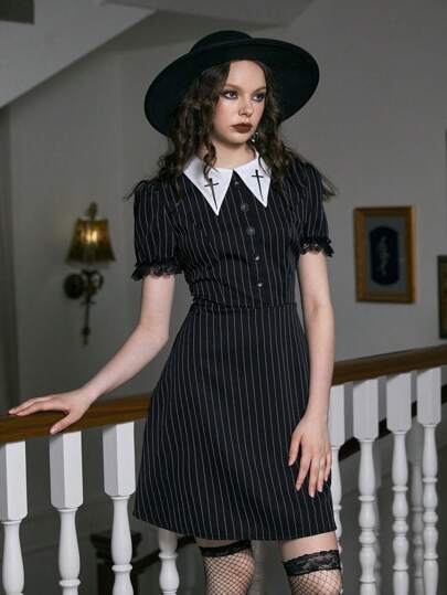 Academia Vestido con estampado de rayas de cuello en contraste de manga farol sin cinturón