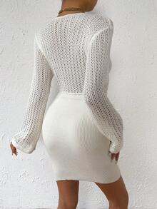 SHEIN LUNE 優雅抽繩 交叉純色女士毛衣連衣裙 - 白色 - 查看 2