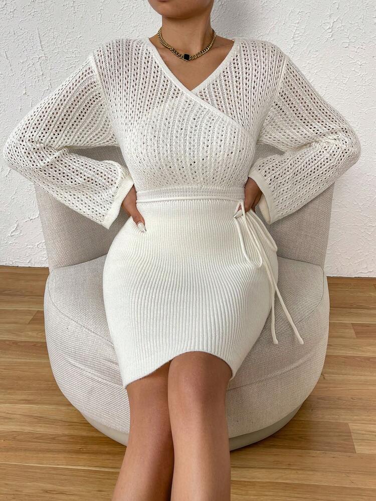 SHEIN LUNE Surplice cổ Nút ven Bọc Nút ven Dệt kim chấm bi Đầm Áo len - trắng - Xem 3