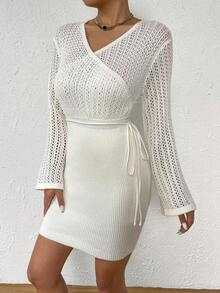 SHEIN LUNE 優雅抽繩 交叉純色女士毛衣連衣裙 - 白色 - 查看 4