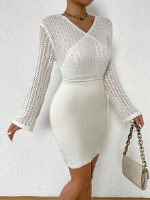 SHEIN LUNE 優雅抽繩 交叉純色女士毛衣連衣裙 - 白色 - 查看 5