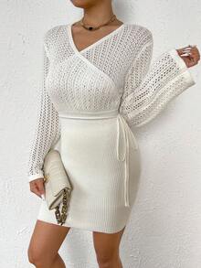 SHEIN LUNE 優雅抽繩 交叉純色女士毛衣連衣裙 - 白色 - 查看 6