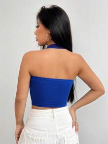 SHEIN EZwear 前收褶露背繞頸短上衣 - 藍色 - 查看 2