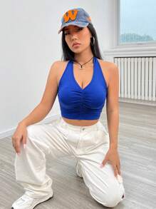 SHEIN EZwear 前收褶露背繞頸短上衣 - 藍色 - 查看 5