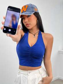 SHEIN EZwear 前收褶露背繞頸短上衣 - 藍色 - 查看 6