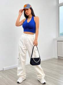 SHEIN EZwear 前收褶露背繞頸短上衣 - 藍色 - 查看 7