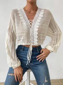 SHEIN LUNE Lace Up Front Batwing Sleeve Crop Cardigan - Beige - View 1