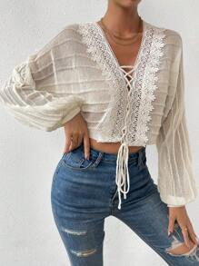 SHEIN LUNE Lace Up Front Batwing Sleeve Crop Cardigan - Beige - View 3