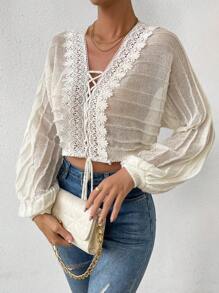 SHEIN LUNE Lace Up Front Batwing Sleeve Crop Cardigan - Beige - View 4