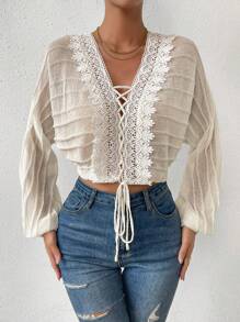SHEIN LUNE Lace Up Front Batwing Sleeve Crop Cardigan - Beige - View 5
