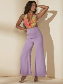 SHEIN BAE Rhinestone Detail Backless Cowl Neck Crop Halter Top - Multicolor - View 3