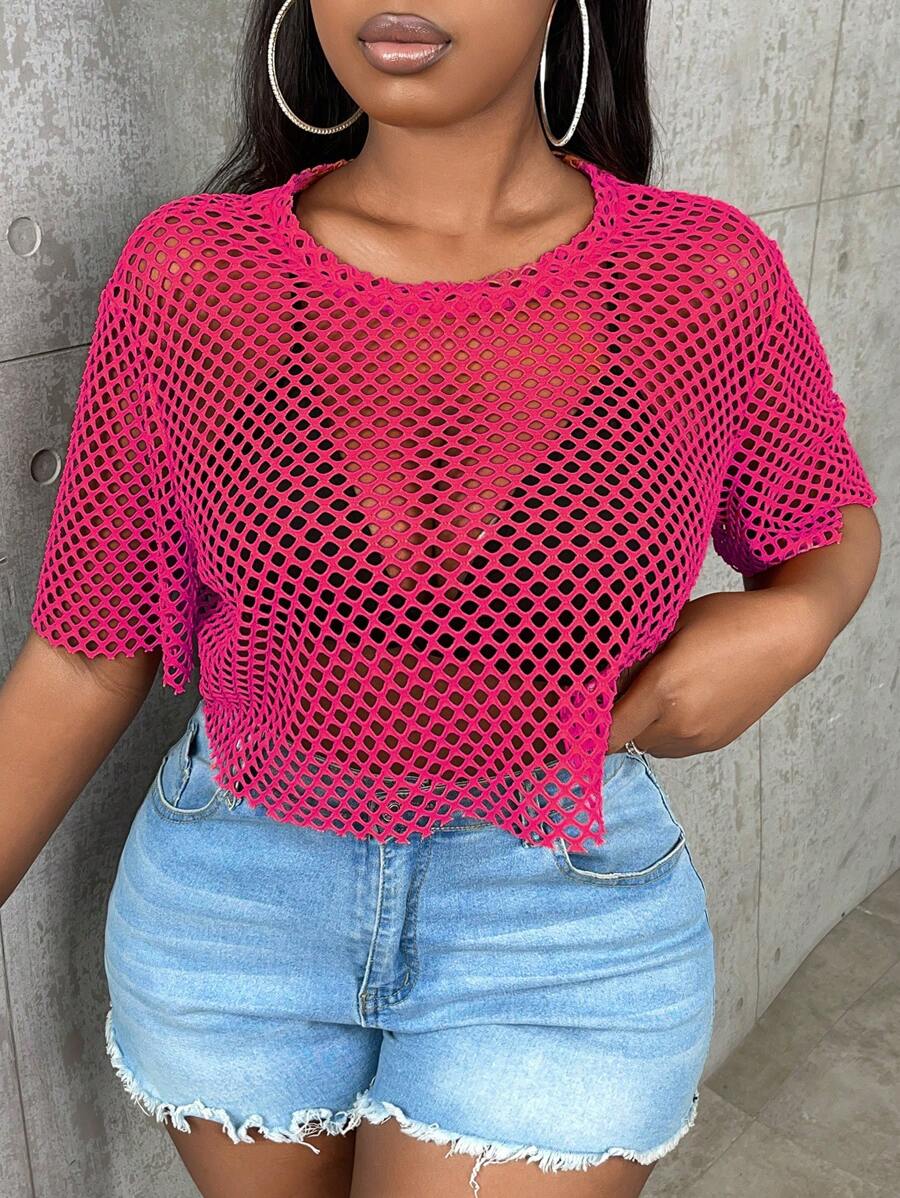 Slaydiva Plus Hollow Out Drop Shoulder Mesh Top Without Bra - Hot Pink - View 1