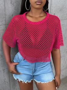 Slaydiva Plus Hollow Out Drop Shoulder Mesh Top Without Bra - Hot Pink - View 3