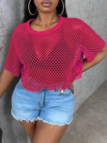 Slaydiva Plus Hollow Out Drop Shoulder Mesh Top Without Bra - Hot Pink - View 4