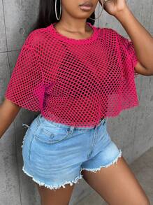 Slaydiva Plus Hollow Out Drop Shoulder Mesh Top Without Bra - Hot Pink - View 5