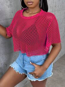 Slaydiva Plus Hollow Out Drop Shoulder Mesh Top Without Bra - Hot Pink - View 6