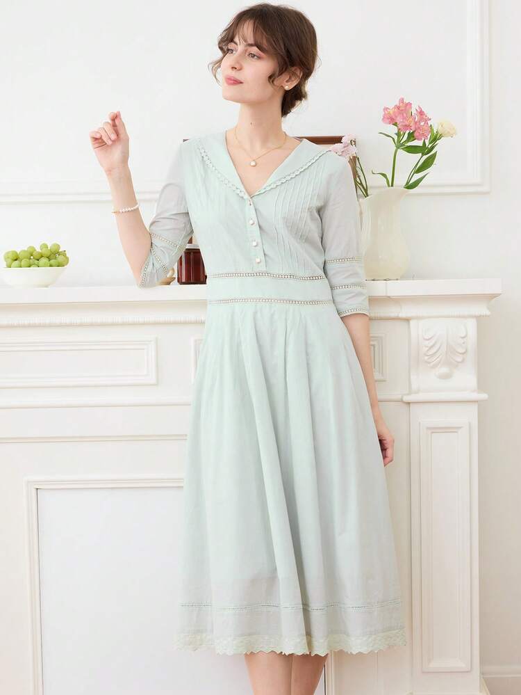 Simple Retro Đầm Nút phía trước màu trơn Giải trí - Màu xanh Bạc hà - Xem 4
