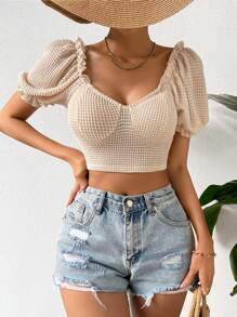 SHEIN Privé Cổ Trái tim Lá sen tỉa Ống tay áo Áo phông Crop - Màu be - Xem 3