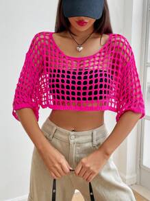 SHEIN EZwear 鏤空落肩袖針織短上衣不附文胸 - 玫紅色 - 查看 1