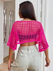SHEIN EZwear 鏤空落肩袖針織短上衣不附文胸 - 玫紅色 - 查看 2