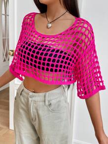 SHEIN EZwear 鏤空落肩袖針織短上衣不附文胸 - 玫紅色 - 查看 3