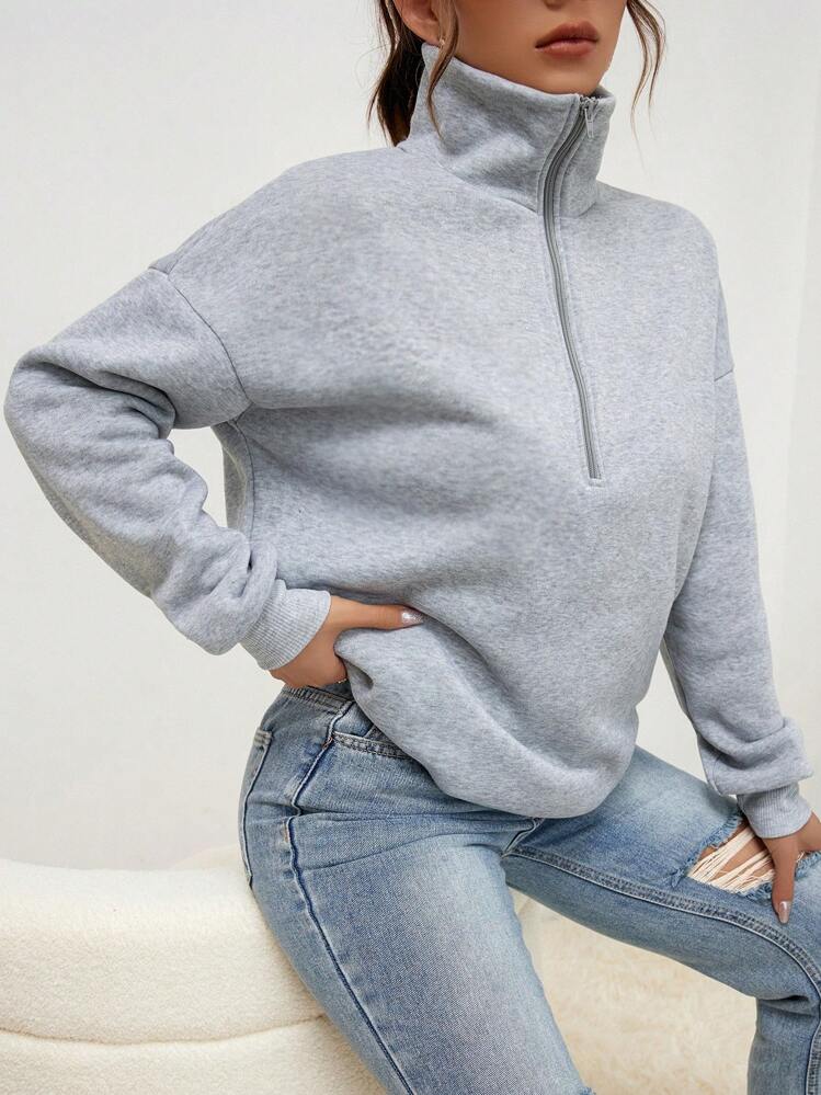 INAWLY 半拉链落肩套头卫衣 秋季卫衣 - 淺灰色 - 查看 5