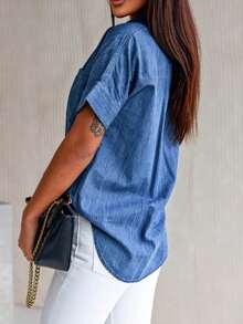 CILKOO 蝙蝠袖口袋貼布牛仔襯衫 - 中等水洗藍 - 查看 2