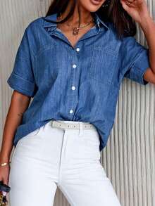 CILKOO 蝙蝠袖口袋貼布牛仔襯衫 - 中等水洗藍 - 查看 3