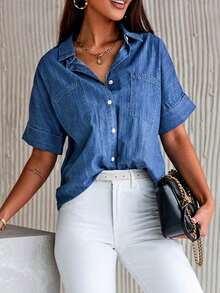 CILKOO 蝙蝠袖口袋貼布牛仔襯衫 - 中等水洗藍 - 查看 4