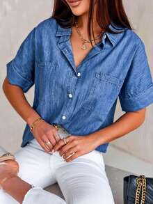 CILKOO 蝙蝠袖口袋貼布牛仔襯衫 - 中等水洗藍 - 查看 5