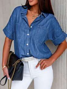 CILKOO 蝙蝠袖口袋貼布牛仔襯衫 - 中等水洗藍 - 查看 6