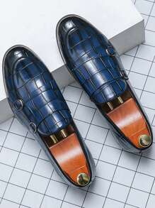 Business Dress Shoes For Men, Crocodile Embossed Monk Shoes - Blue - View 1
